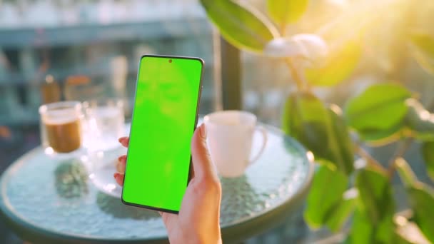 Kvinna sitter i ett café och använder smartphone med grön mock-up skärm i vertikalt läge. Flicka surfa på Internet, titta på innehåll, videor, bloggar. — Stockvideo