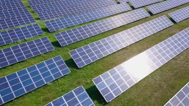 Survolez un champ de panneaux solaires lors d'une journée ensoleillée d'été. Innovation écologique. — Video