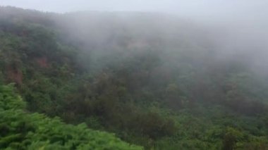 Bulut seviyesinde dağın yamacı boyunca uçuyor. Kırmızı kil toprak ve yeşil bitki örtüsü. Kanarya Adaları, İspanya