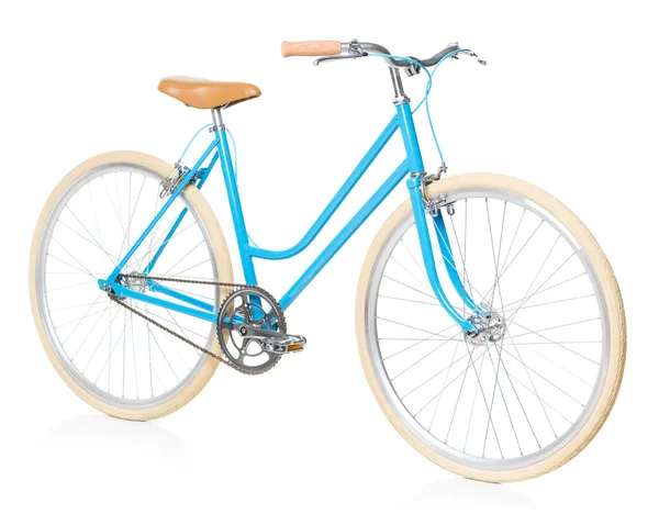 时尚女装蓝色自行车上白色孤立 — 图库照片