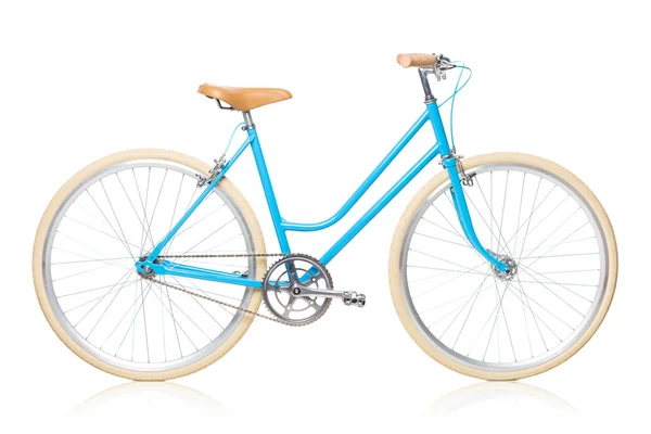 时尚女装蓝色自行车上白色孤立 — 图库照片