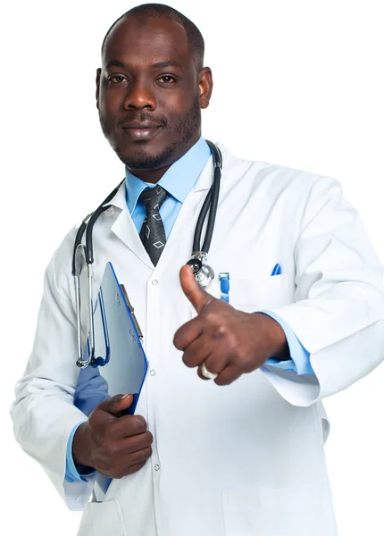 Portrait of a smiling male doctor holding a notepad and finger u — Stock Photo, Image