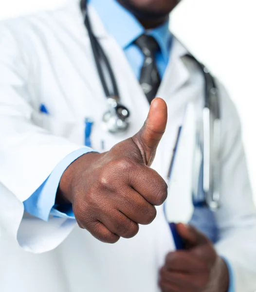 Doctor with thumb up on white — Stock Photo, Image