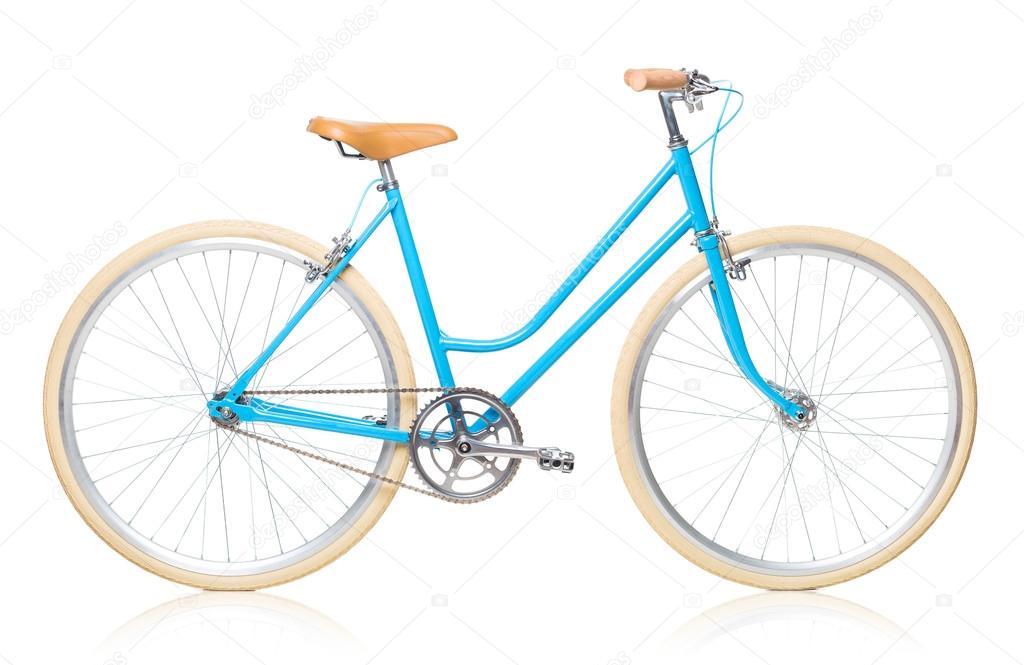 Stylish womens blue bicycle isolated on white