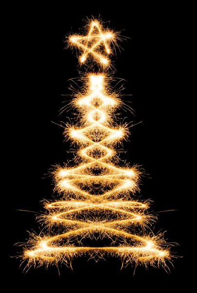 Christmas tree made by sparkler on a black — Stock Photo, Image