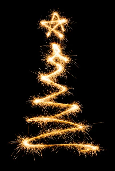 Albero di Natale fatto da sparkler su un nero — Foto Stock