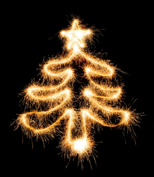 Christmas tree made by sparkler on a black — Stock Photo, Image