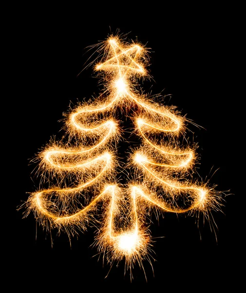 Christmas tree made by sparkler on a black — Stock Photo, Image