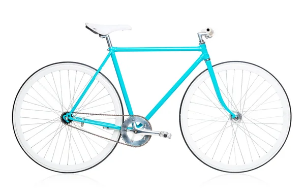 Elegante mulher bicicleta azul isolado em branco — Fotografia de Stock