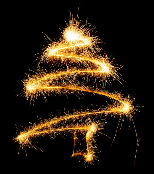 Christmas tree made by sparkler on a black — Stock Photo, Image