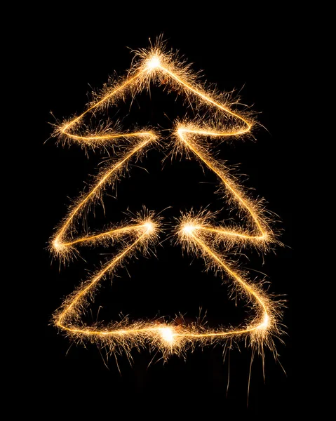 Christmas tree made by sparkler on a black — Stock Photo, Image