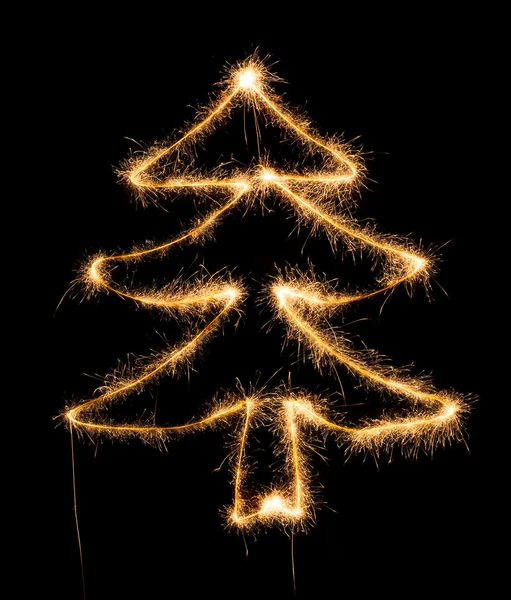 Christmas tree made by sparkler on a black — Stock Photo, Image