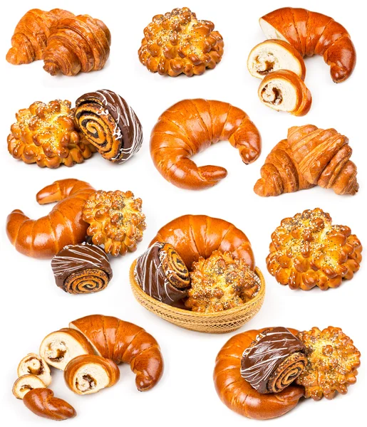 Collection of fresh and delicious pastries on a white — Stock Photo, Image
