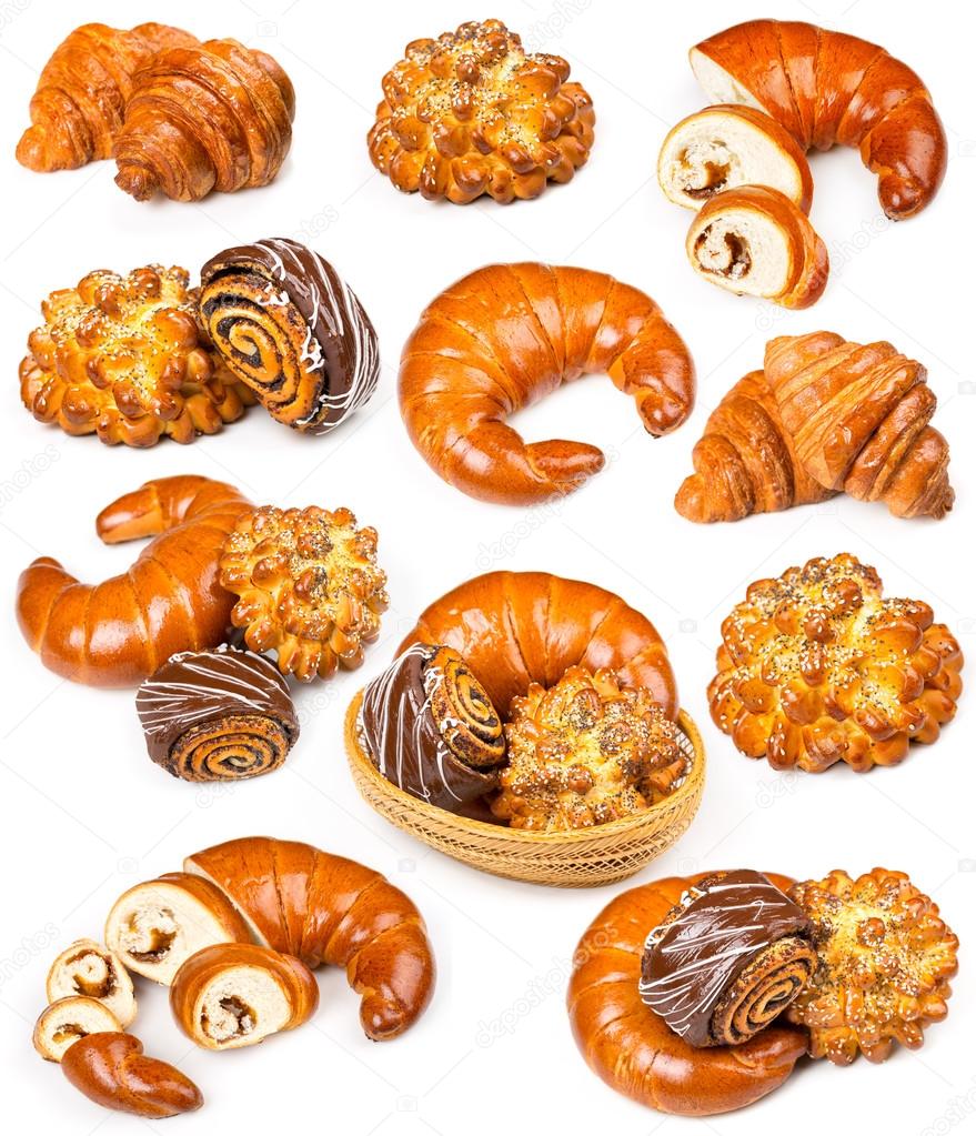 Collection of fresh and delicious pastries on a white