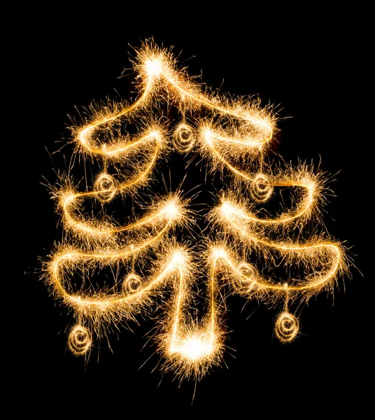 Christmas tree made by sparkler on a black — Stock Photo, Image