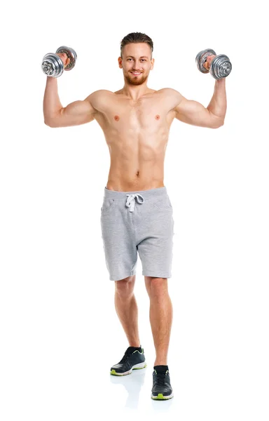 Athletic man with dumbbells on the white — Stock Photo, Image