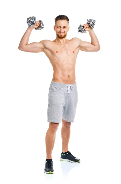 Sport man with dumbbells on the white — Stock Photo, Image