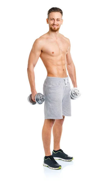 Sport man with dumbbells on the white — Stock Photo, Image