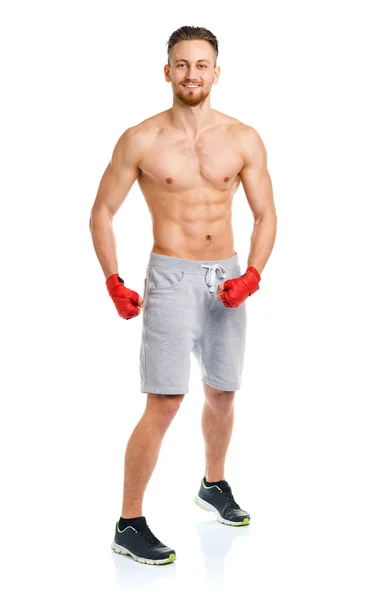 Atletische aantrekkelijke man dragen boksen pleisters op de witte — Stockfoto
