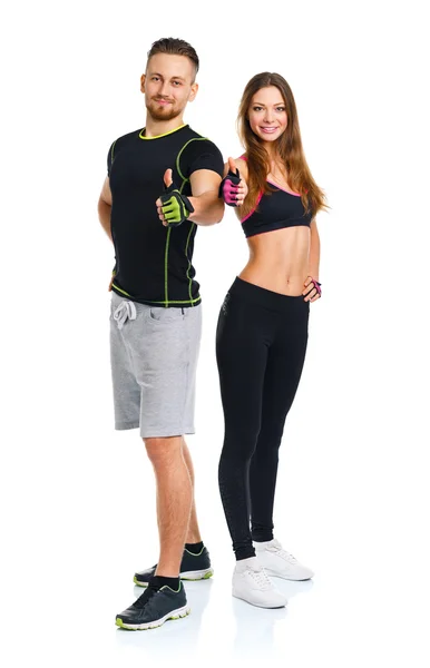 Sport Mann und Frau nach Fitnesstraining mit erhobenem Zeigefinger — Stockfoto