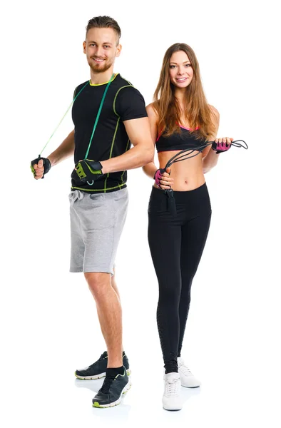 Pár boldog sport - férfi és nő, a kötelek, a fehér — Stock Fotó