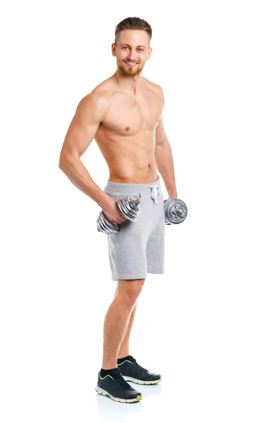 Sport man with dumbbells on the white — Stock Photo, Image