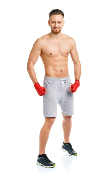 Athletic attractive man wearing boxing bandages on the white — Stock Photo, Image