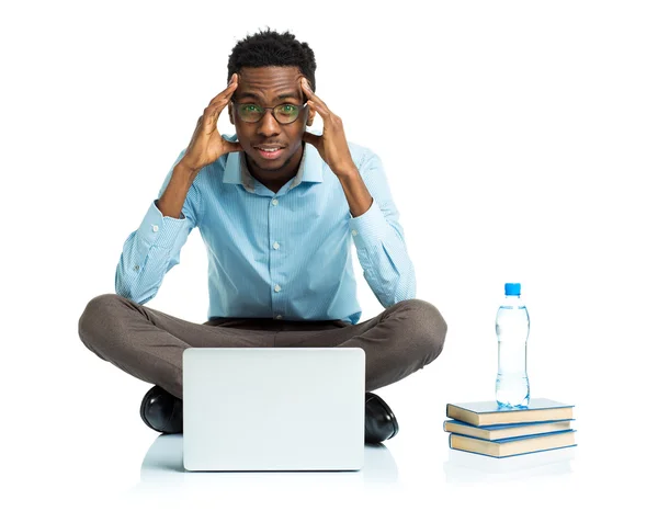 Happy african american college student sitting with laptop on wh — Stock Photo, Image