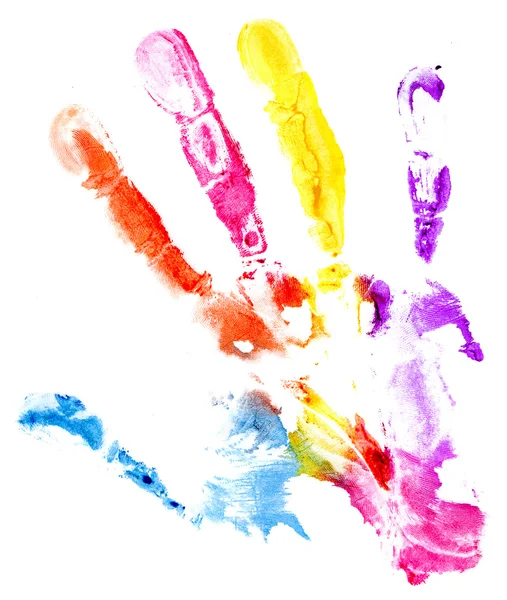 Κοντινό πλάνο χρωματισμένα χέρι εκτύπωση σε λευκό — Φωτογραφία Αρχείου