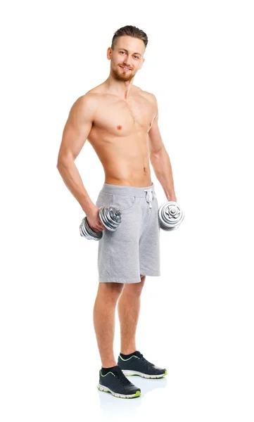 Athletic man with dumbbells on the white — Stock Photo, Image