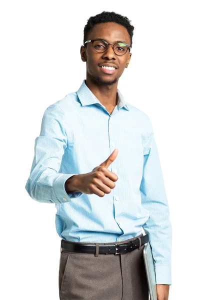 Gelukkig Afrikaanse Amerikaanse student met laptop en duim omhoog — Stockfoto