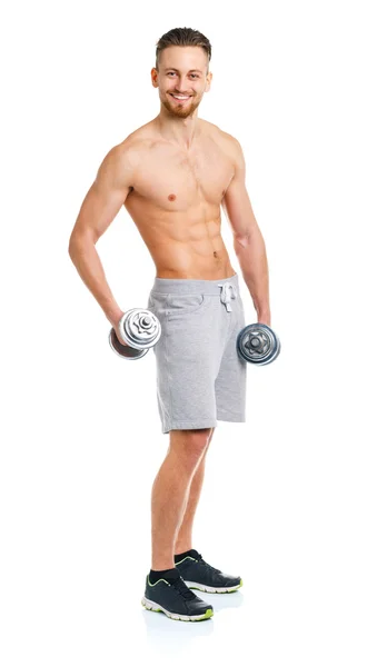 Sport man with dumbbells on the white — Stock Photo, Image