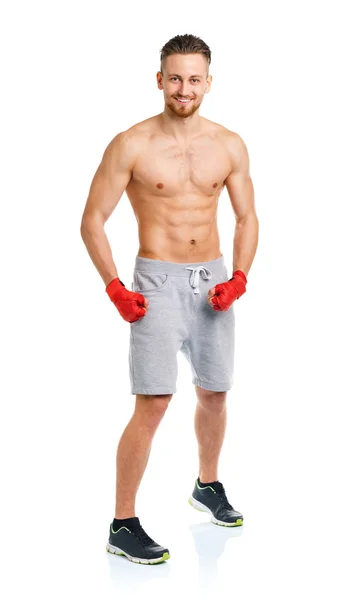 Athletic attractive man wearing boxing bandages on the white — Stock Photo, Image