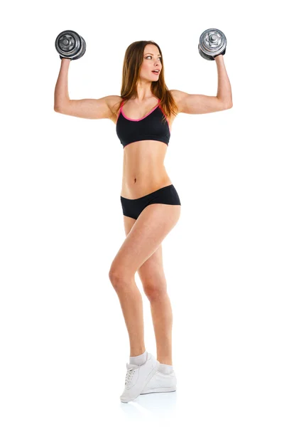 Mujer atlética feliz con mancuernas haciendo ejercicio deportivo, aislado —  Fotos de Stock