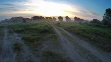 Şafakta puslu çayır üzerinde uçan