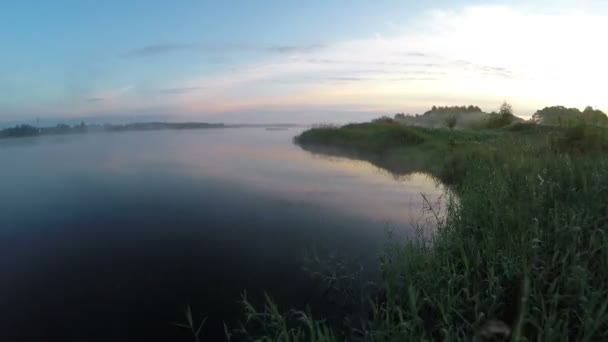 Пролетая над лугом и туманным озером на рассвете — стоковое видео