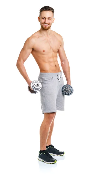 Sport man with dumbbells on the white — Stock Photo, Image