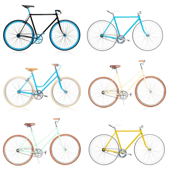 Collezione di eleganti hipster colorati in bicicletta isolati su whit — Foto Stock