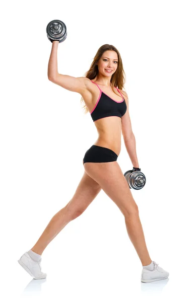 Happy athletic woman with dumbbells doing sport exercise, isolat — Stock Photo, Image