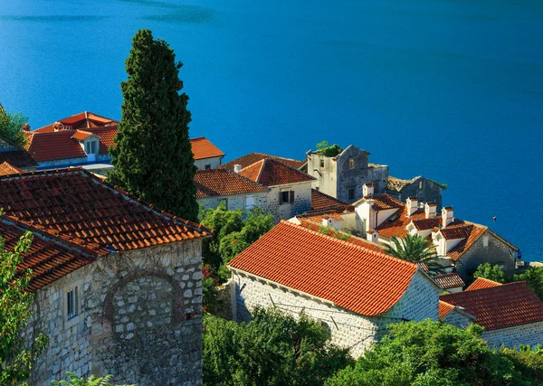 Tiled roofs of Perast city. Kotor bay, Montenegro — стокове фото
