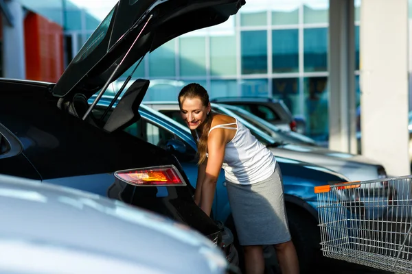 Young beautiful woman shifts the purchase from shopping cart in — Stock Fotó