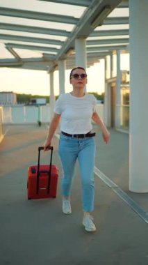 Beyaz bir kadın bavulunu çekiyor ve uçuşa geç kalıyor. Kapı ya da platform numarasını arıyor. Bayan yalnız seyahat ediyor. Yaz tatili. Yavaş çekim