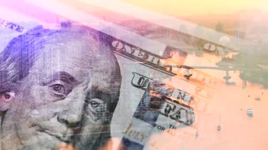 Modern şehrin arka planına karşı karmaşık tasarımı ve çeşitli güvenlik özelliklerini vurgulayan 100 dolarlık banknotların iki katına çıkarılması. Yatırım kavramı, başarı, mali