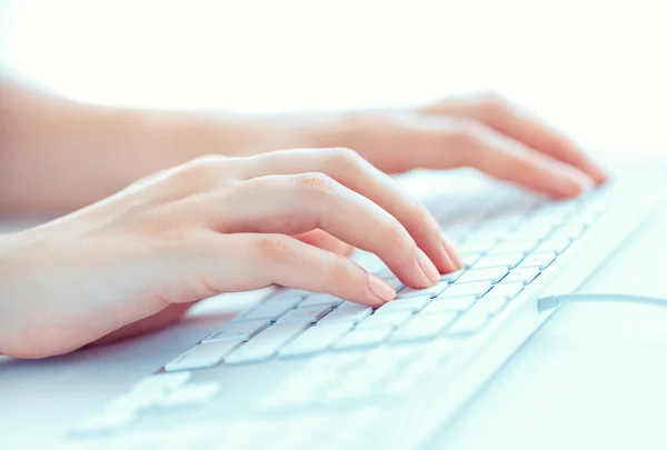 Manos femeninas o trabajadora de oficina escribiendo en el teclado —  Fotos de Stock