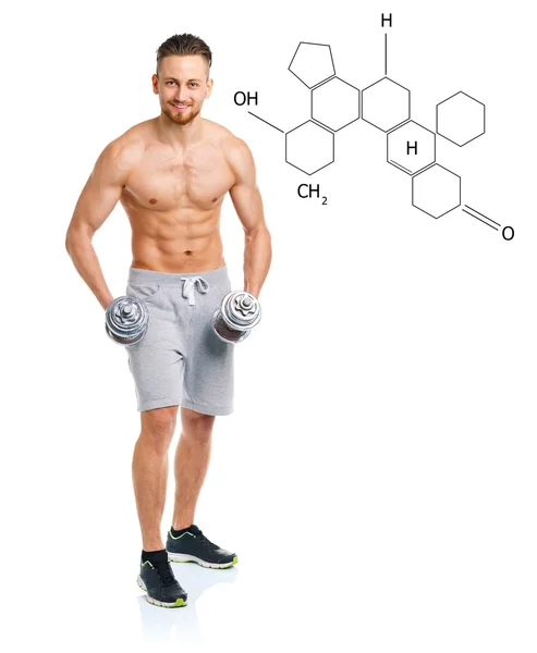 Hombre atlético con mancuernas con la fórmula química en backgro —  Fotos de Stock