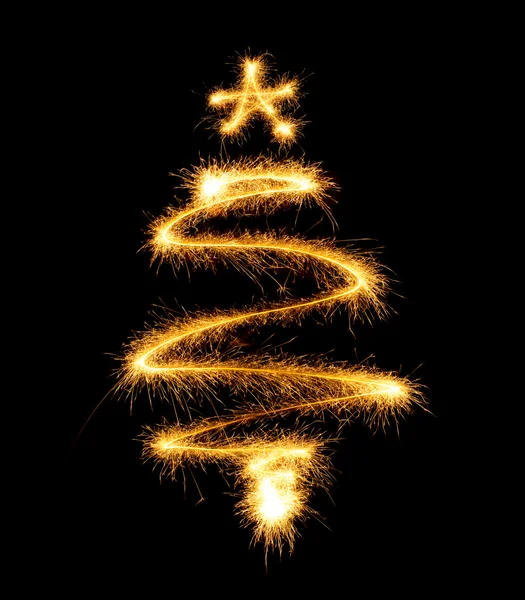 Christmas tree made by sparkler on a black — Stock Photo, Image