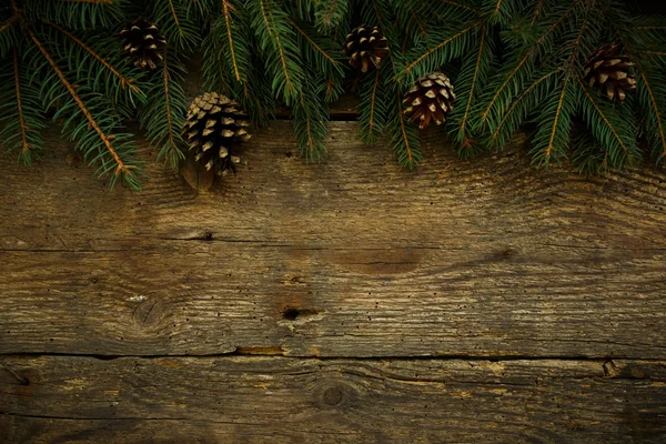 Christmas tree branches on wooden texture — Stock Photo, Image