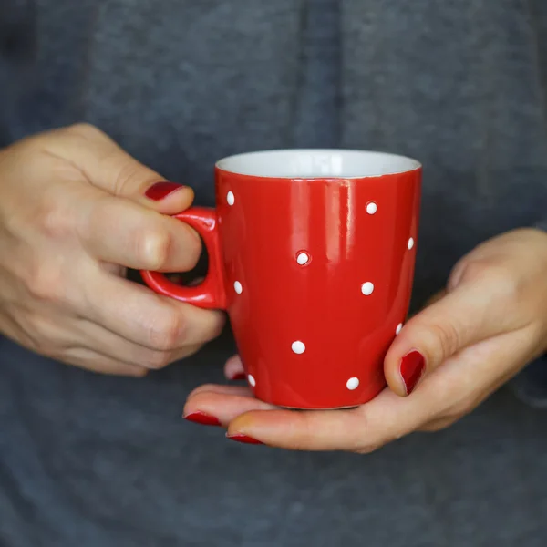 Woman hands holding a cozy red mug — Stock Photo, Image