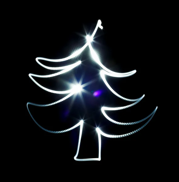 Kerstboom gemaakt met blauwe zaklamp op een zwart — Stockfoto