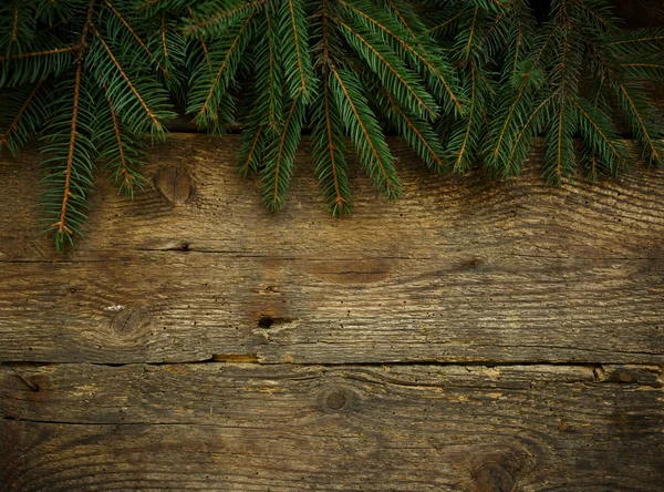 Ramas de árbol de Navidad en textura de madera —  Fotos de Stock